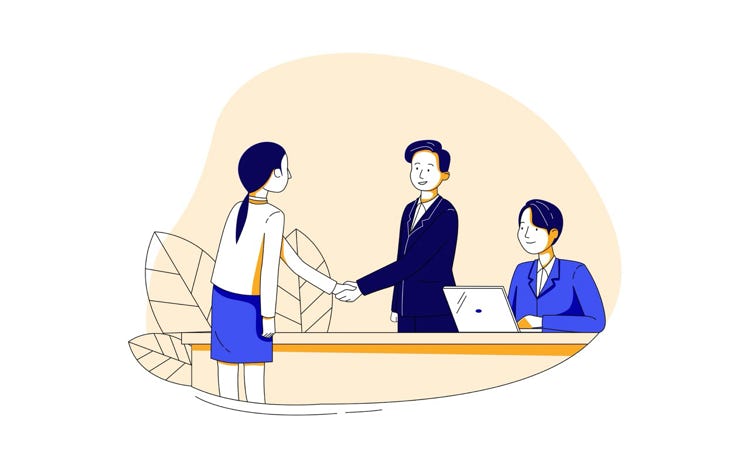 Vector graphic of two people stood behinfd a deak and a third person shaking one of the hands.