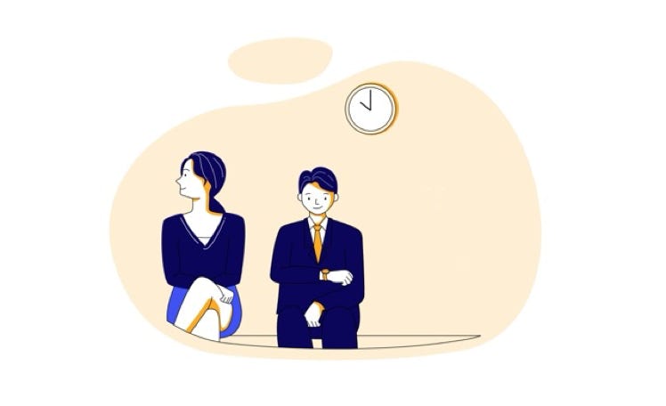 Vector graphic of two people sat down, and one looking at his watch.
